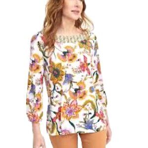 JM Collection Blouse Women's PL Floral Chintz 3/4 Sleeve Bead Trim Scoop Neck